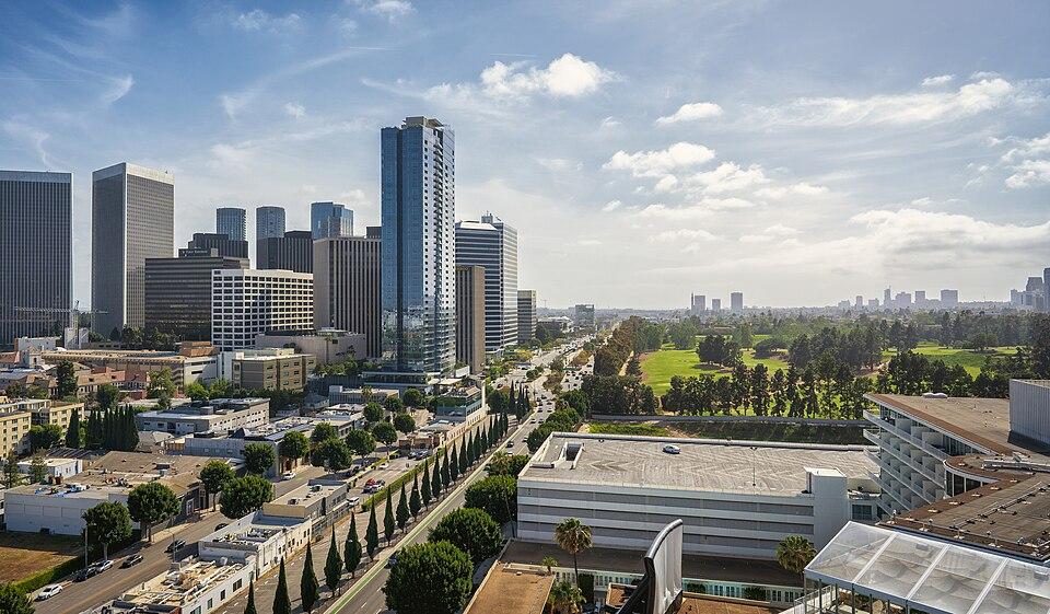 Century City skyline viewed from the Waldorf Astoria, with the Beverly Hilton in the foreground